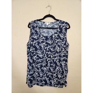 Westport 1962‎ Floral Print Sleeveless Top Casual Blouse Navy Blue White XL